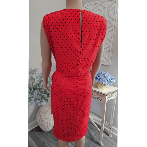 Retro Floryday Red & Black Polka Dot Waist Gathered Open back Sheath Dress - Picture 2 of 9